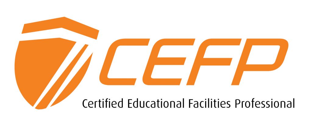 official CEFP logo that stands for the Certified Educational Facilities Professional. The logo is orange and white.