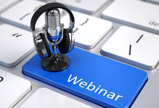 Webinars highlighted in blue on keyboard with microphone and headphones