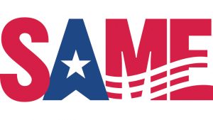 SAME logo stands for Society of American Military Engineers and is red, white , and blue.