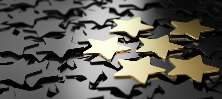 Six golden stars over black background. 3D illustration of high quality customer service