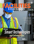 Cover of May/June 2020 FM with worker wearing mask and holding a tablet.
