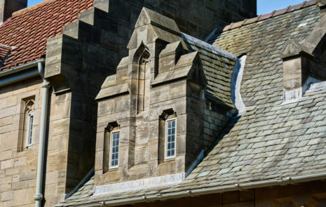 Building with historic slate roof, St. Andrews, Scotland